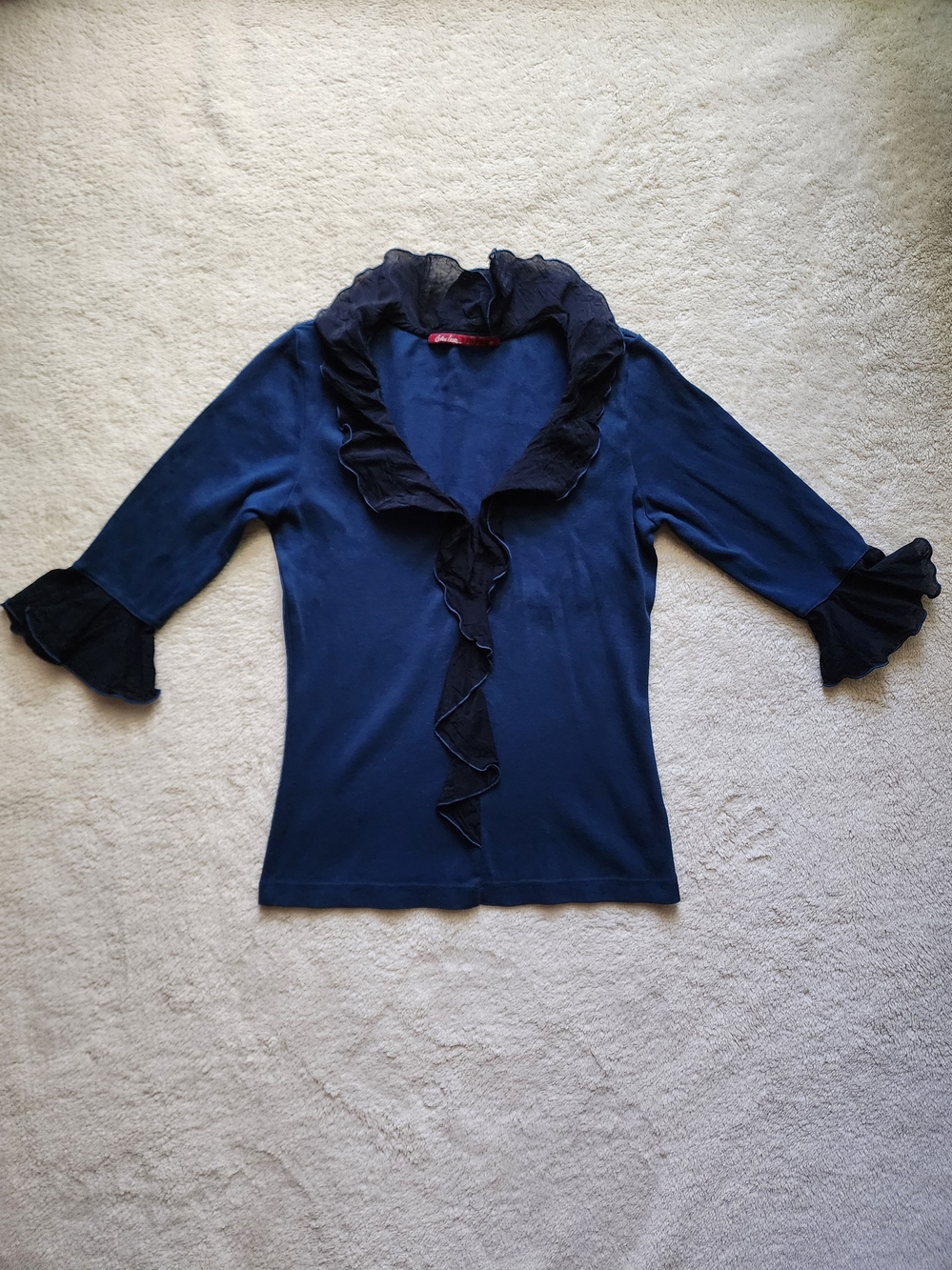 Y2K Barbara Lesser Fibers Blue & Black Sheer Ruffle Knit Top - Small